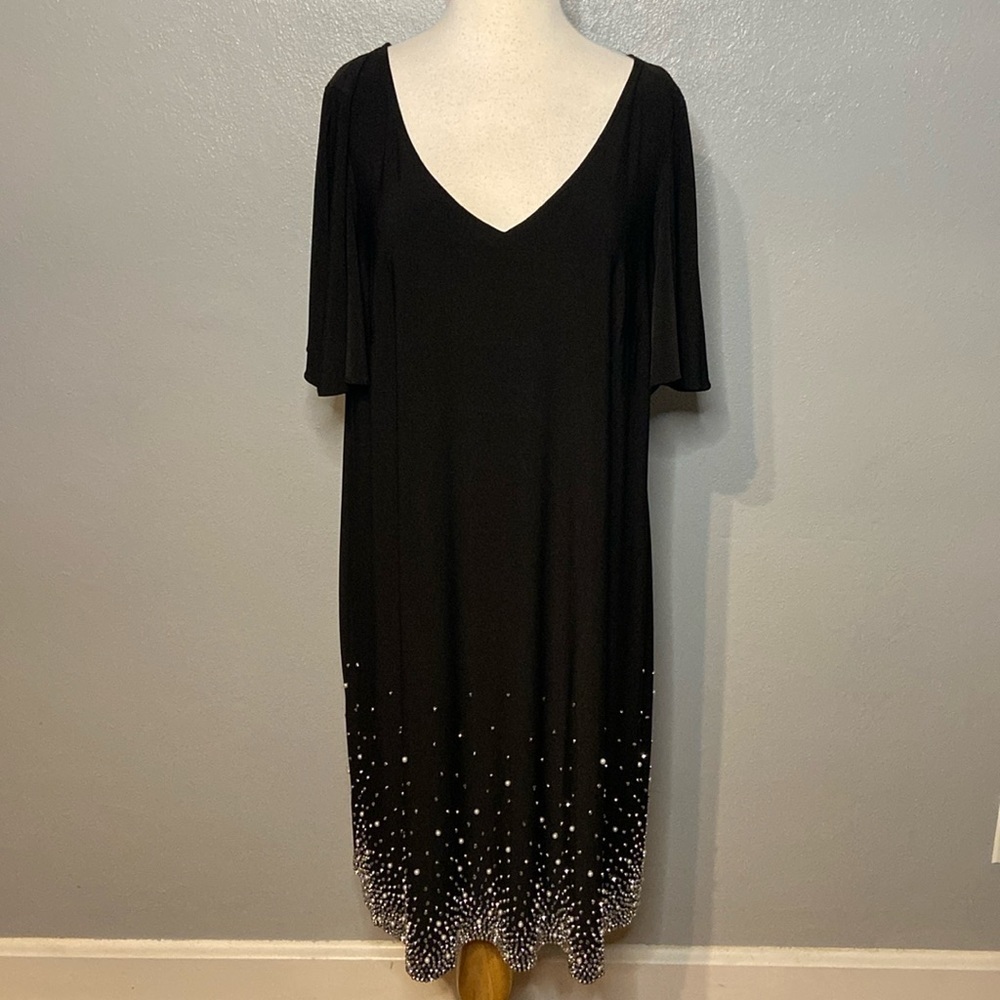 Roz & Ali Black Dress Split Short Sleeves Beaded Pull On Style Woman 1X